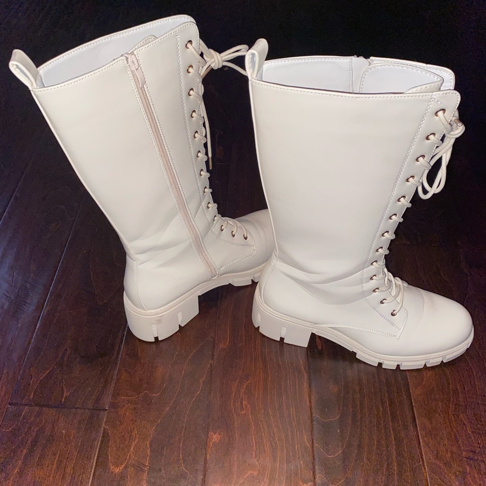 Knee High Platform Boots Buckle Leather Lace Up Combat Booties Mid-Calf Boots